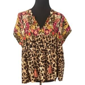 THML Embroidered Boho Top Small Leopard‎ Print Mixed Pattern Tassel Blouse Artsy
